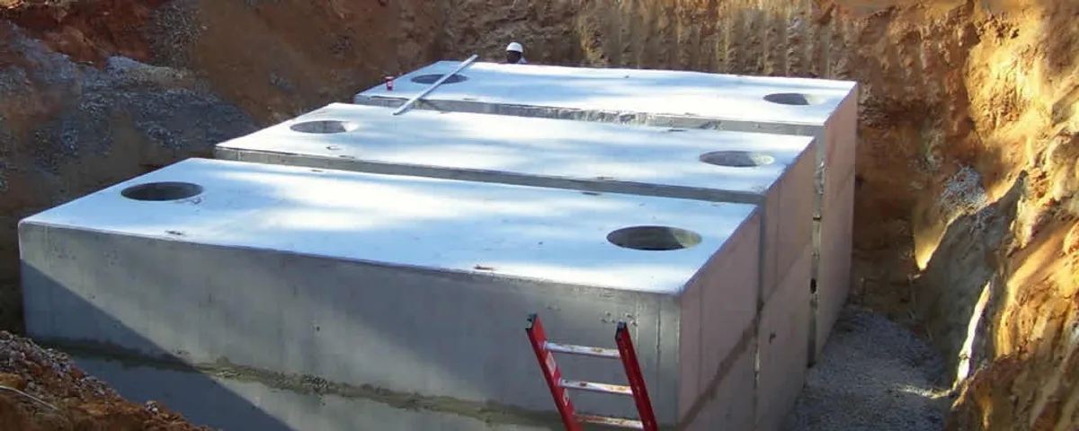 Septic tank installation site with a newly placed concrete tank in Concord, MA